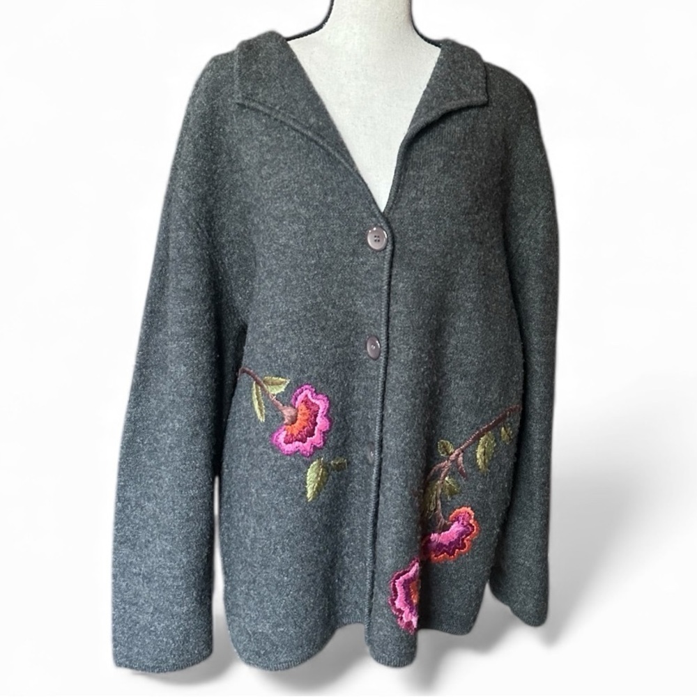 Vintage Eagle’s Eye Women’s Gray Wool Floral Embroidered Cardigan, Size XL - Picture 2 of 8
